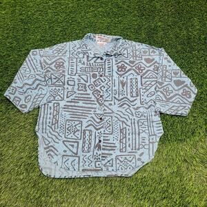 Vintage 90s Abstract Tribal Shirt Womens L/XL 21x25 Blue USA Boxy Baggy